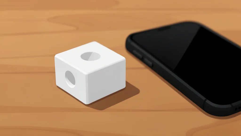 A small, rectangular plastic block with a circular indentation rests on a wooden desk next to a smartphone.