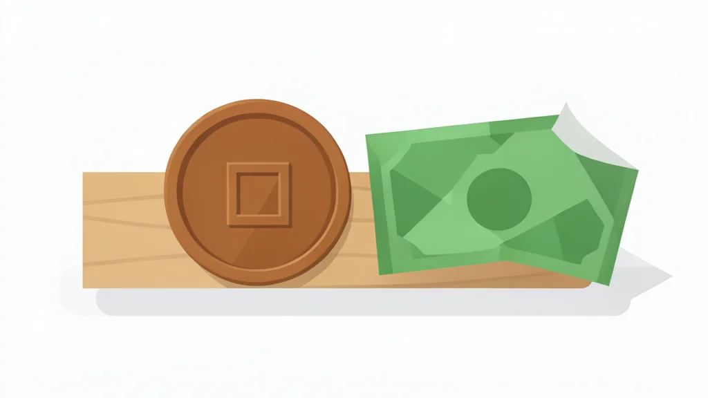 A traditional Japanese coin rests on a wooden surface next to a US dollar bill.