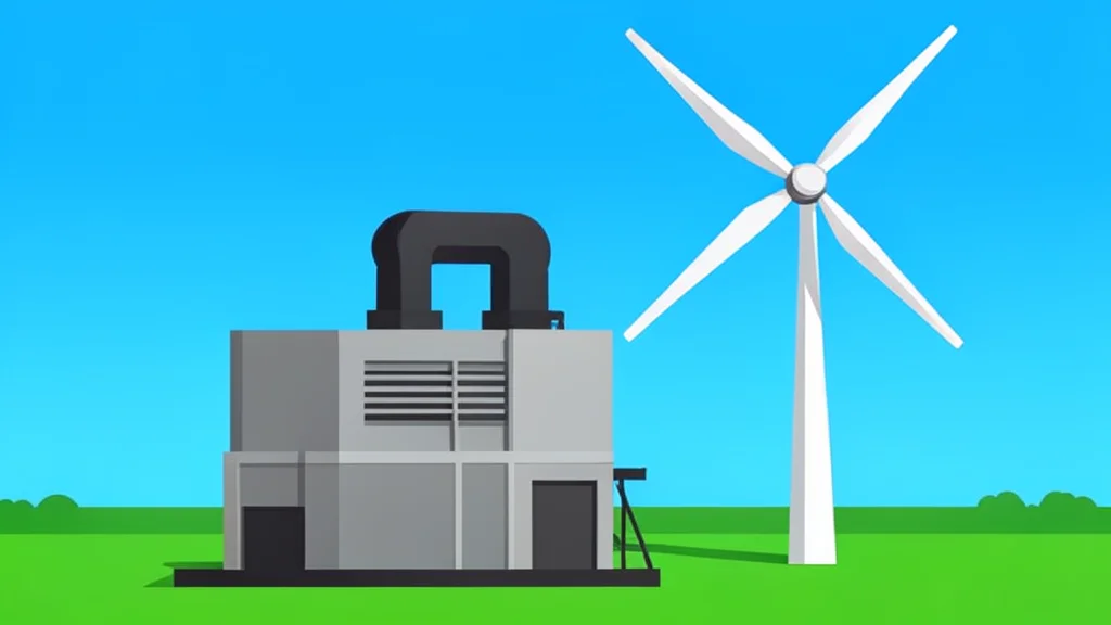 A large industrial gas turbine engine and a wind turbine standing side by side in a field
