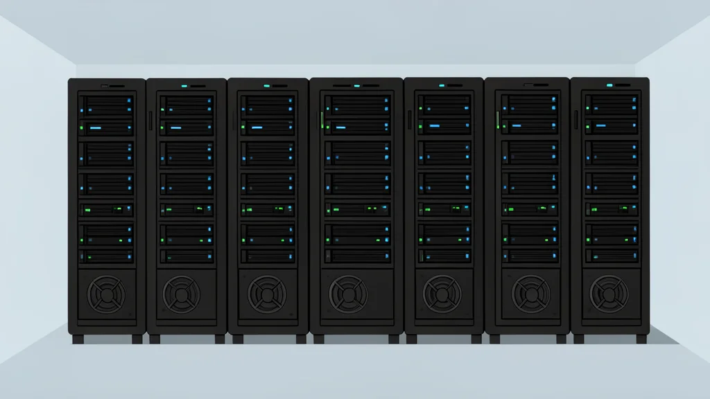 A clean, modern server room featuring rows of equipment with blinking status lights and visible cooling fans.