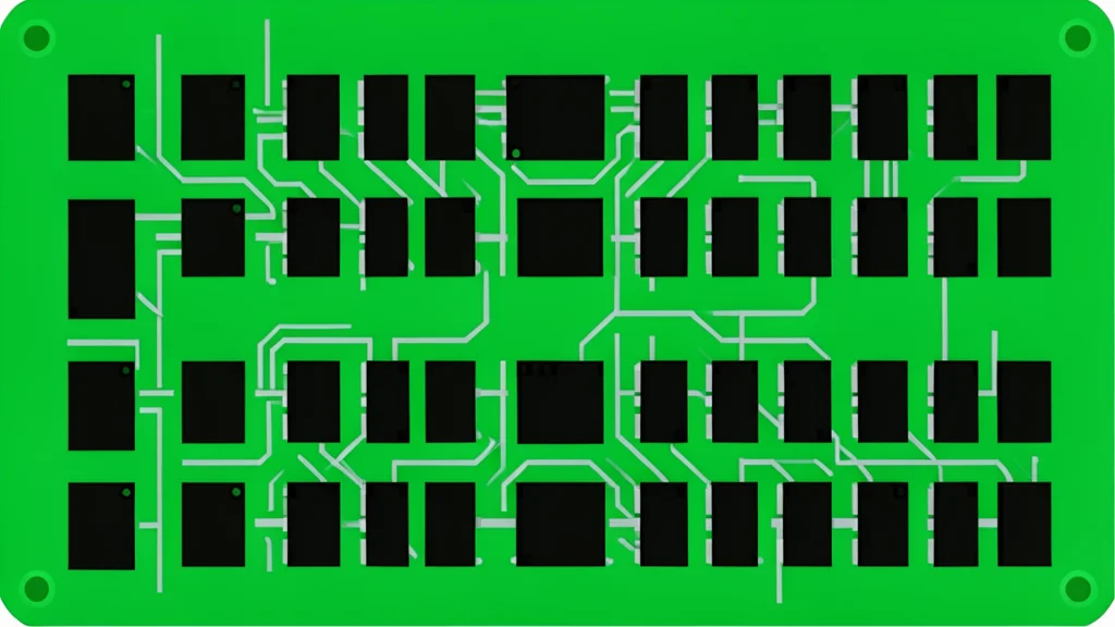 A dense grid of black rectangular computer chips mounted on a green circuit board