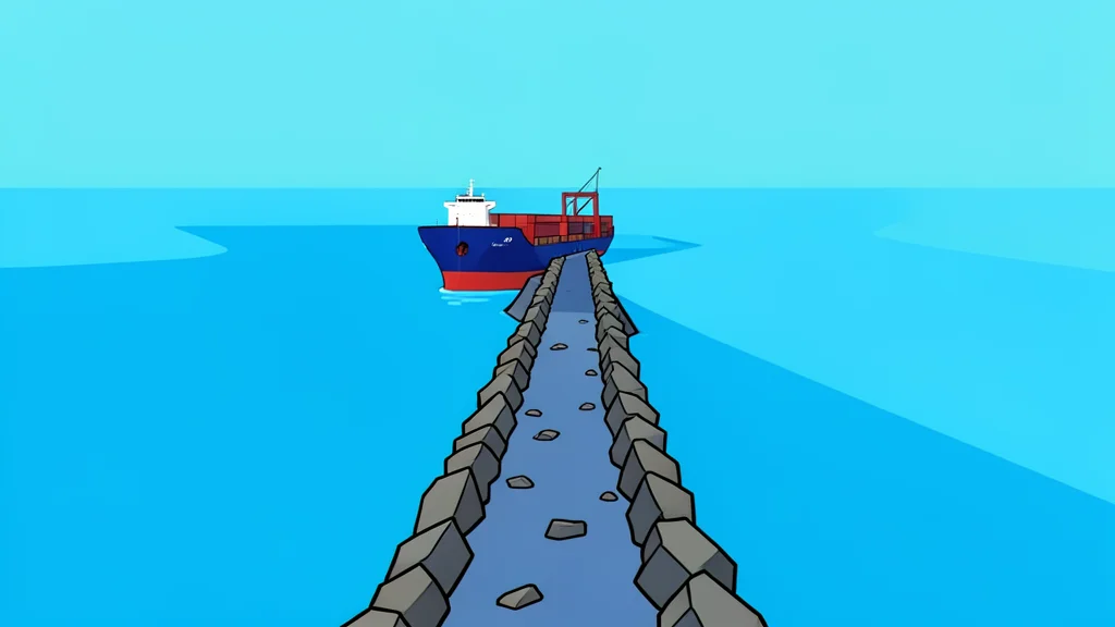 A narrow, rocky strait connecting two large bodies of water with a single large cargo ship passing through the channel
