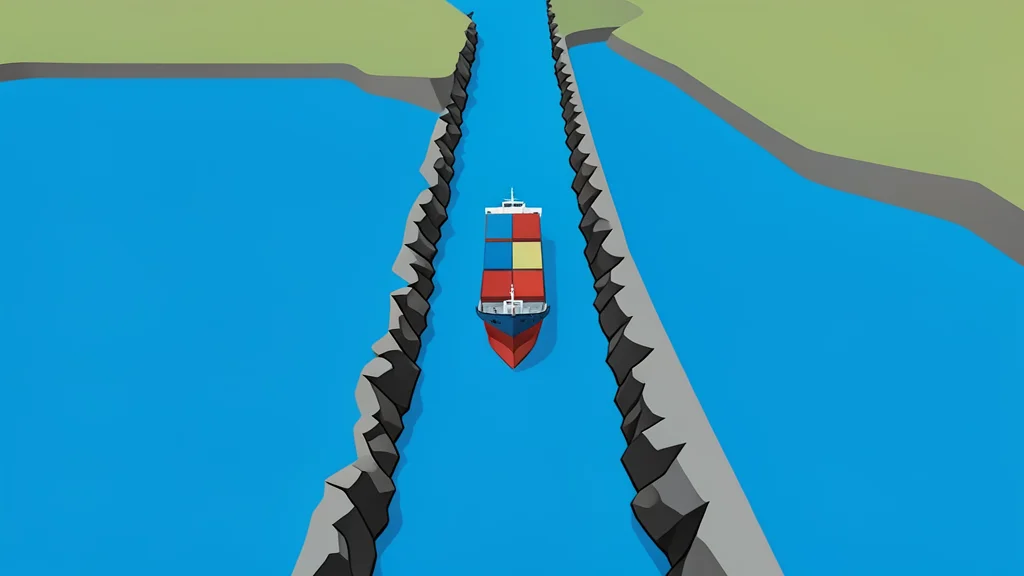 A narrow, rocky strait connecting two large bodies of water with a cargo ship passing through