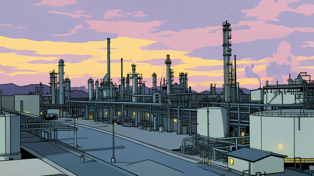 A large industrial oil refinery complex with tall smokestacks and interconnected pipes against a clear sky