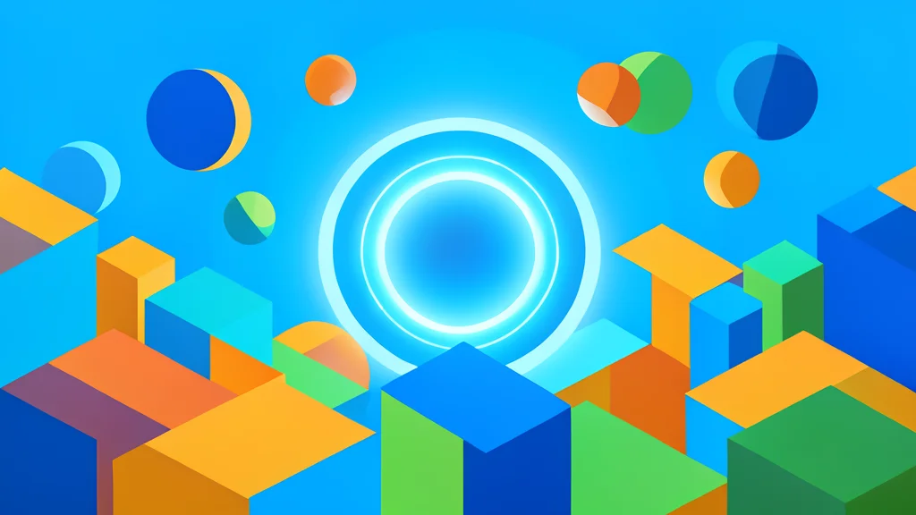 A colorful blocky landscape made of geometric cubes and spheres with a glowing digital portal in the center.