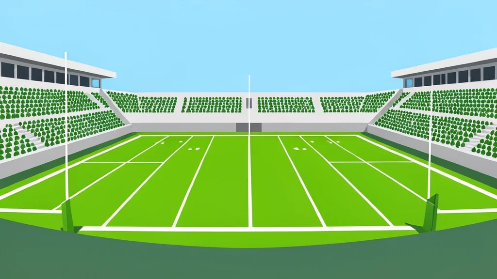 A large outdoor grass field with white boundary lines and goalposts at each end, surrounded by stadium seating under a clear sky.