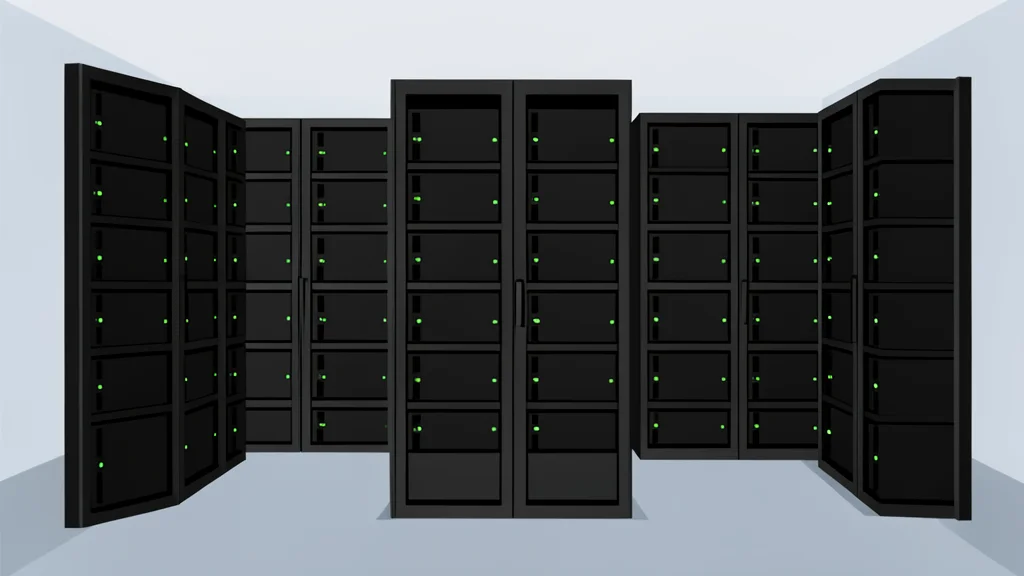 A modern server room with rows of black racks and blinking status lights