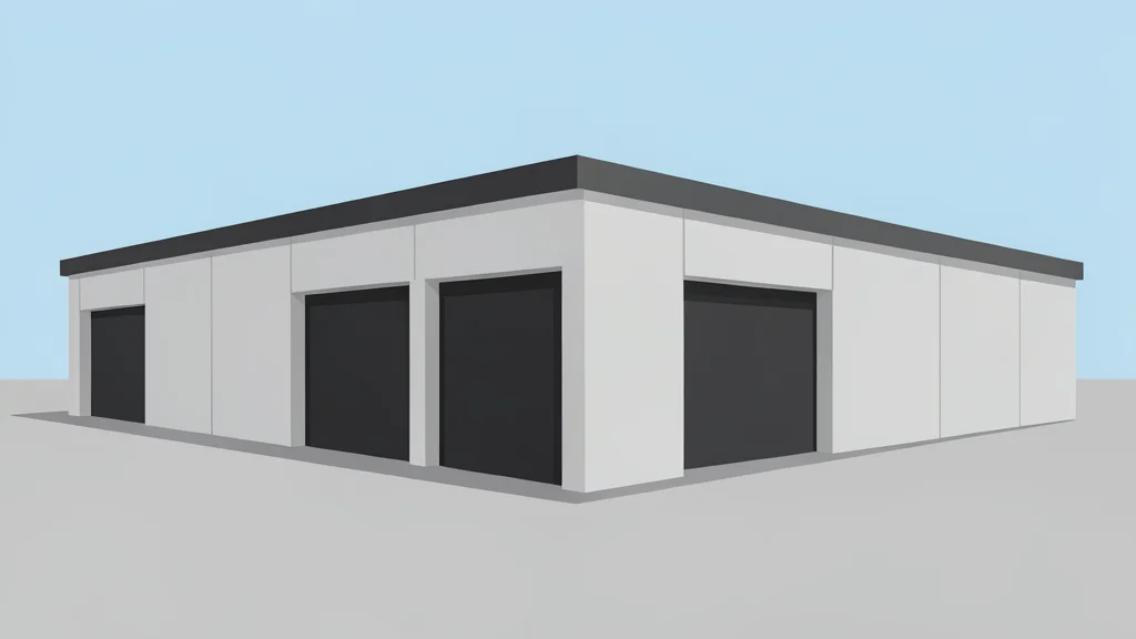 A modern industrial logistics warehouse with a flat roof and large loading dock doors