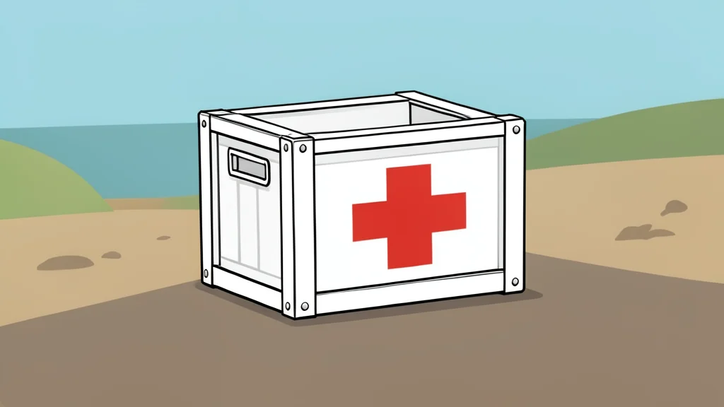 A white medical supply crate with a red cross symbol sitting on a dusty road