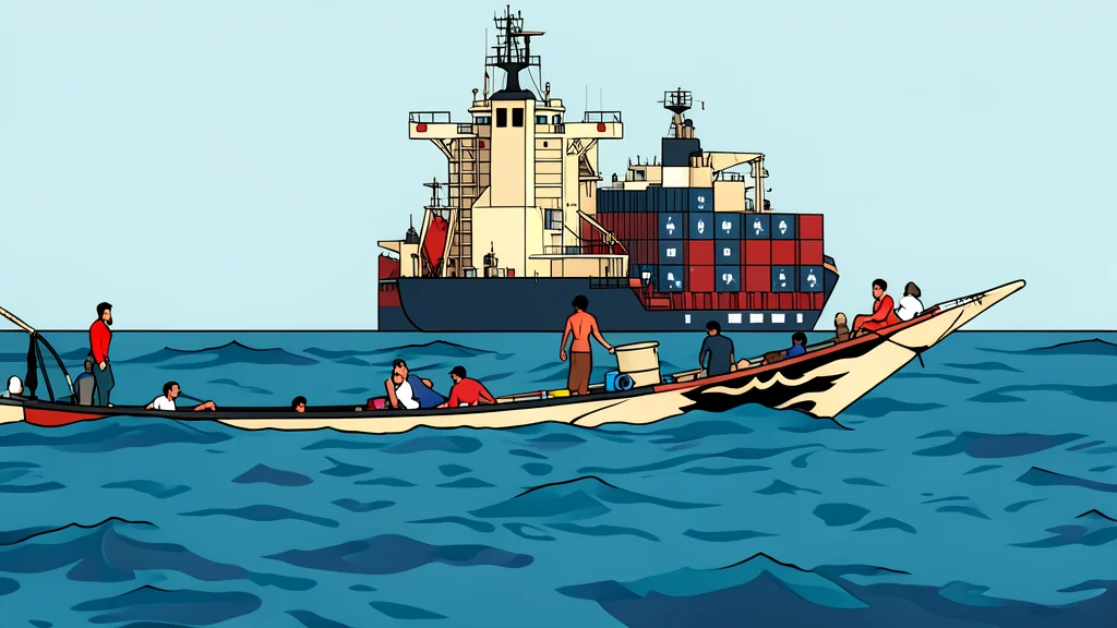 A stylized vector illustration of a coastal port with large container cranes overlooking a calm body of water.