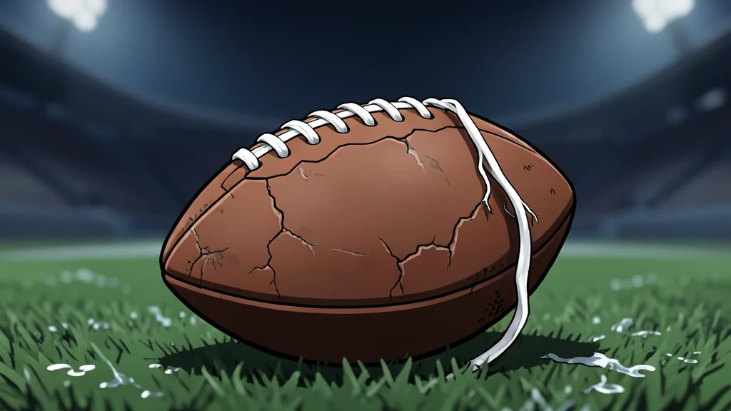 A worn leather football resting on green artificial turf