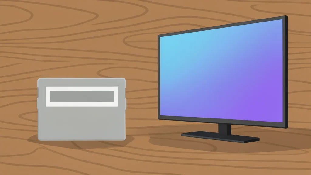 A retro video game cartridge resting on a wooden surface next to a modern television screen