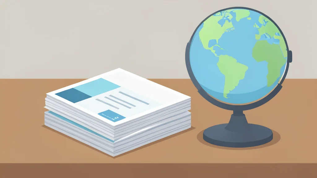 A stack of government bond certificates resting on a wooden desk next to a globe