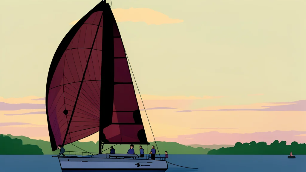 A small racing yacht with white sails cutting through choppy blue water near a rocky coastline