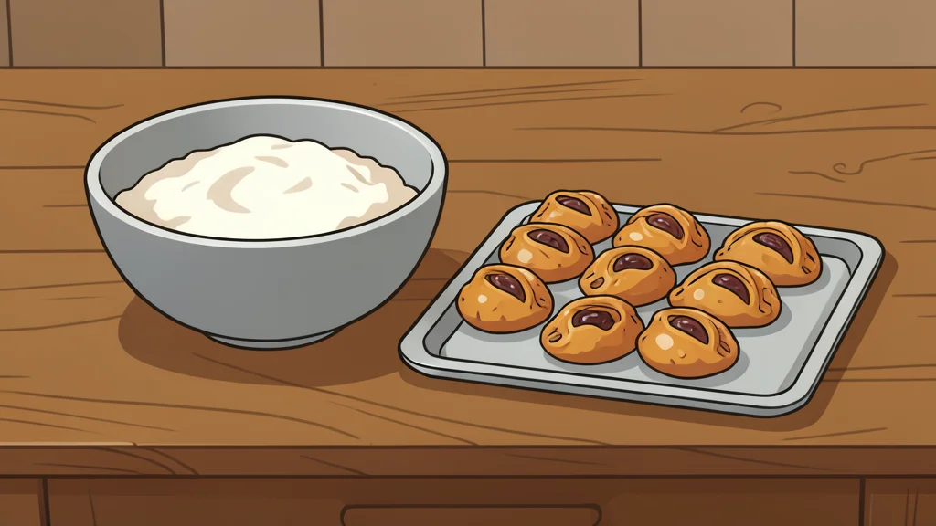 A rustic wooden table holding a large bowl of white flour and a tray of golden-brown date pastries.