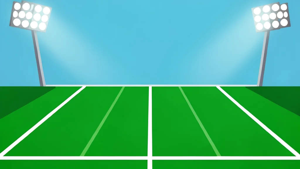 A green football field with white yard lines stretching into the distance under stadium lights