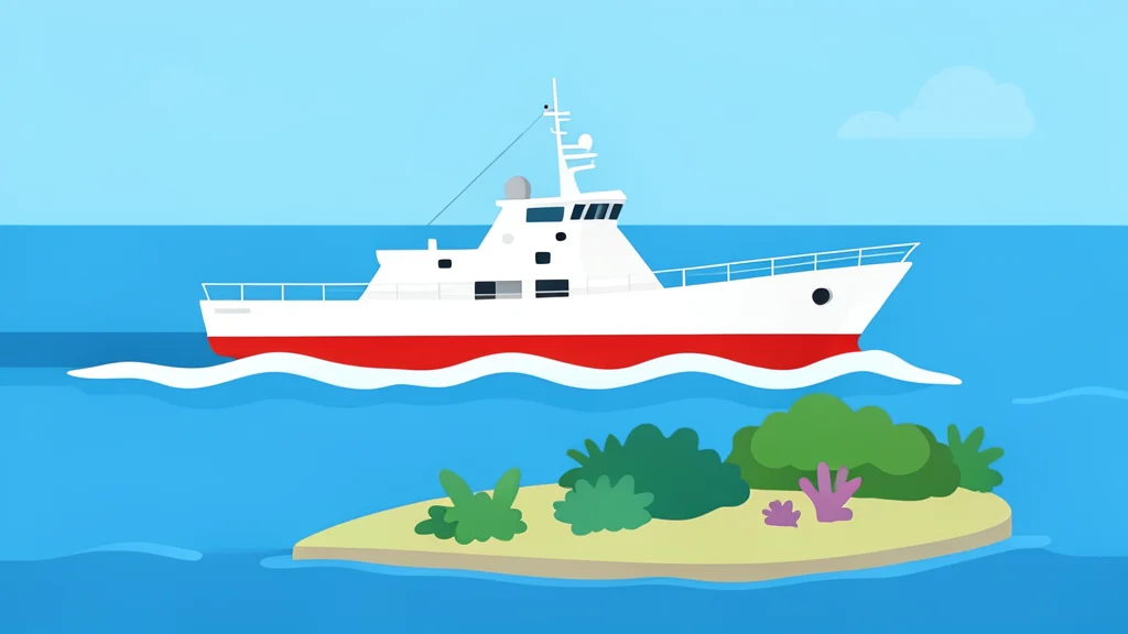 A coast guard vessel navigating through choppy blue ocean waters near a small, low-lying coral atoll