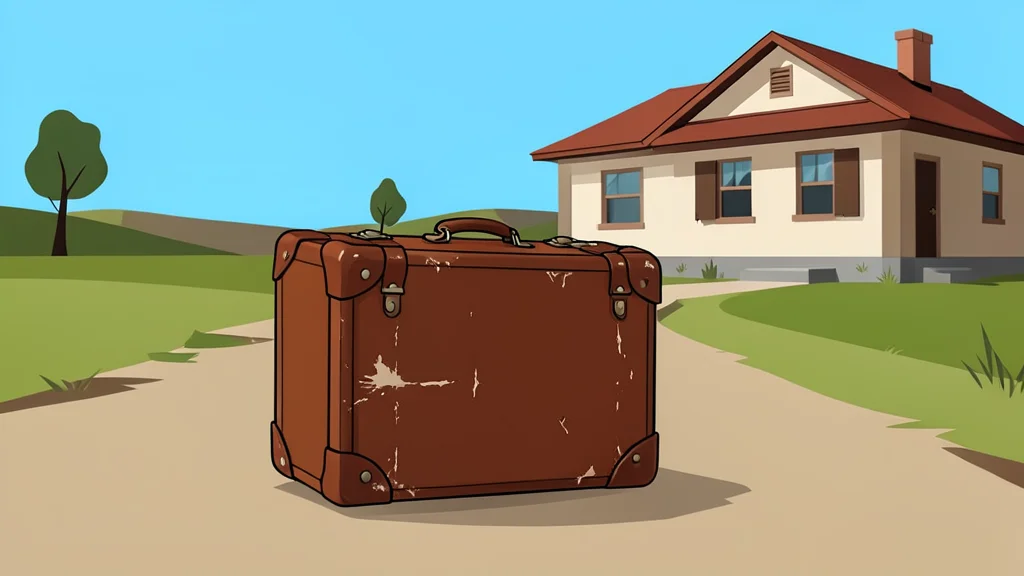 A worn leather suitcase rests on a dusty road near a rural house.