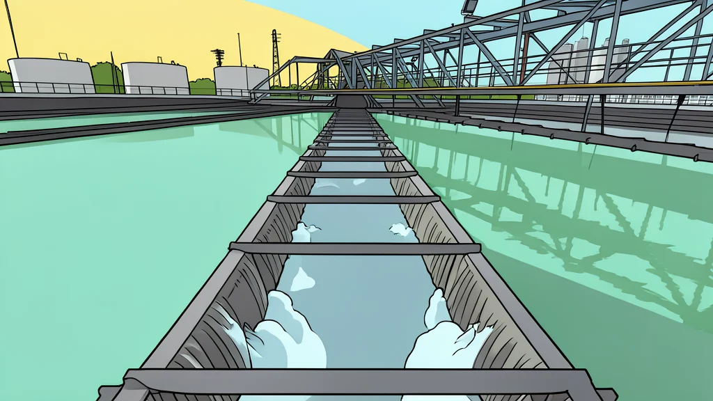 A large industrial water treatment facility with circular concrete basins and metal piping