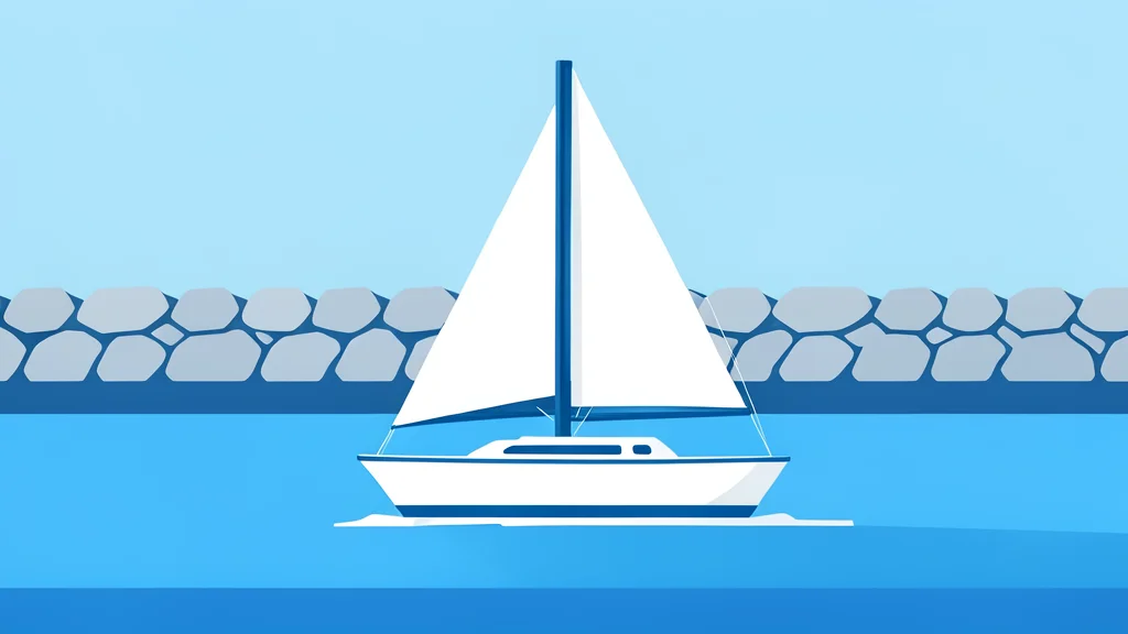 A white sailboat with a triangular sail gliding across calm blue water near a harbor breakwater