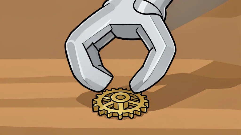 A mechanical robotic arm with articulated joints and a gripper hand, positioned next to a complex gear assembly and a small motor unit on a workbench.