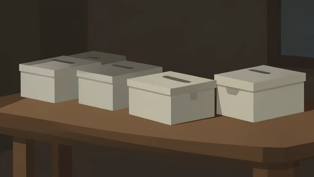 A row of empty, closed ballot boxes sitting on a wooden table in a dimly lit room
