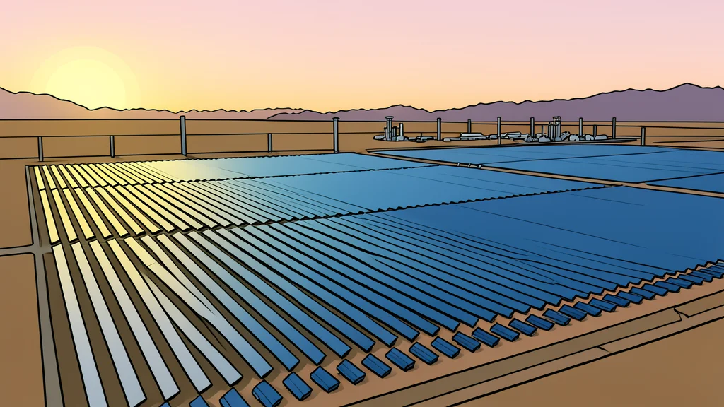 A field of large, dark blue photovoltaic panels arranged in rows under a clear sky