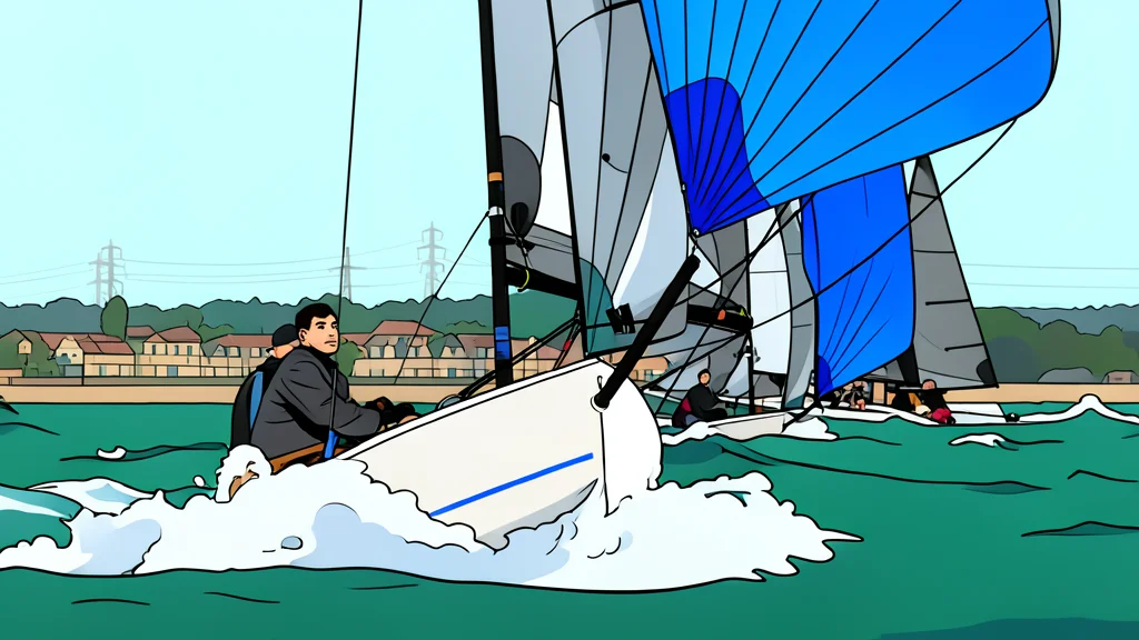 A small white racing dinghy with a tall mast and boom cutting through choppy blue water near a rocky coastline.