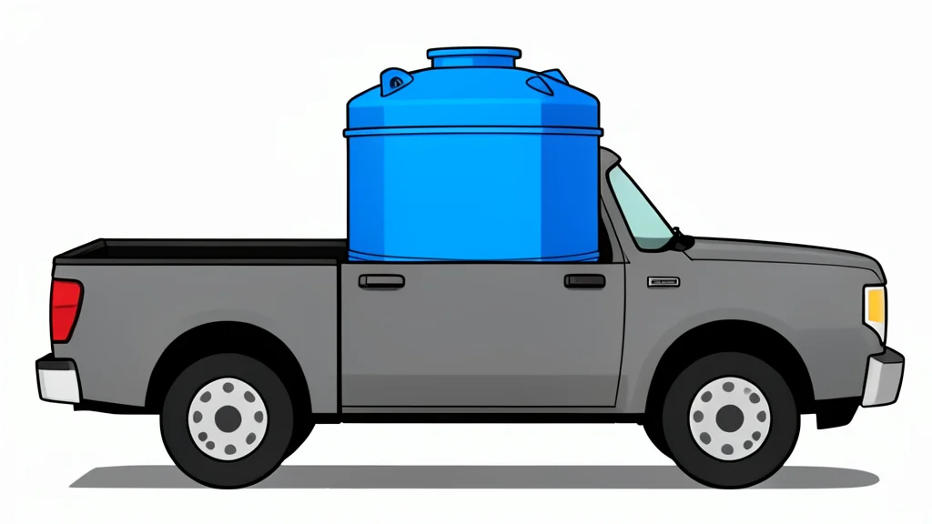 A large blue cylindrical water tank sitting in the bed of a pickup truck