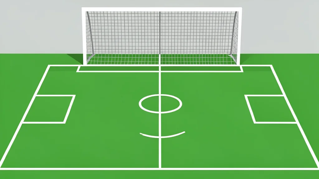 A minimalist vector illustration of a green football pitch with white boundary lines and a goal net in the background.