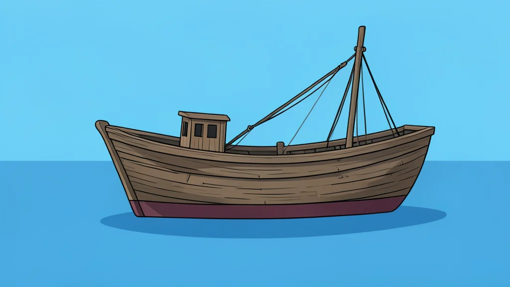 A weathered wooden fishing boat floating on calm blue ocean water