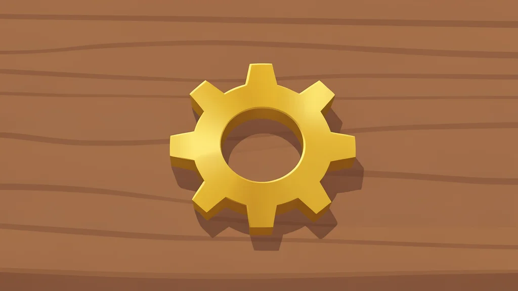 A small, polished brass gear resting on a wooden desk surface