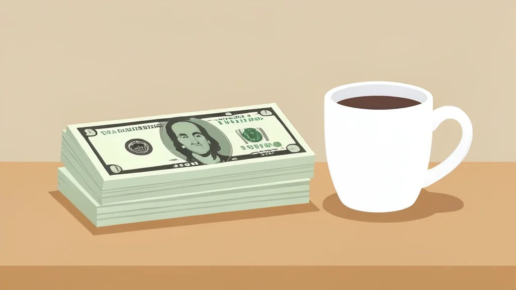 A stack of US dollar bills resting on a wooden desk next to a coffee cup