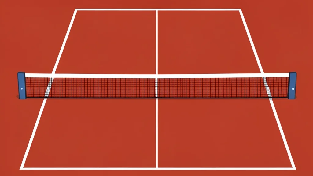 A red clay tennis court with white boundary lines and a net stretched across the center