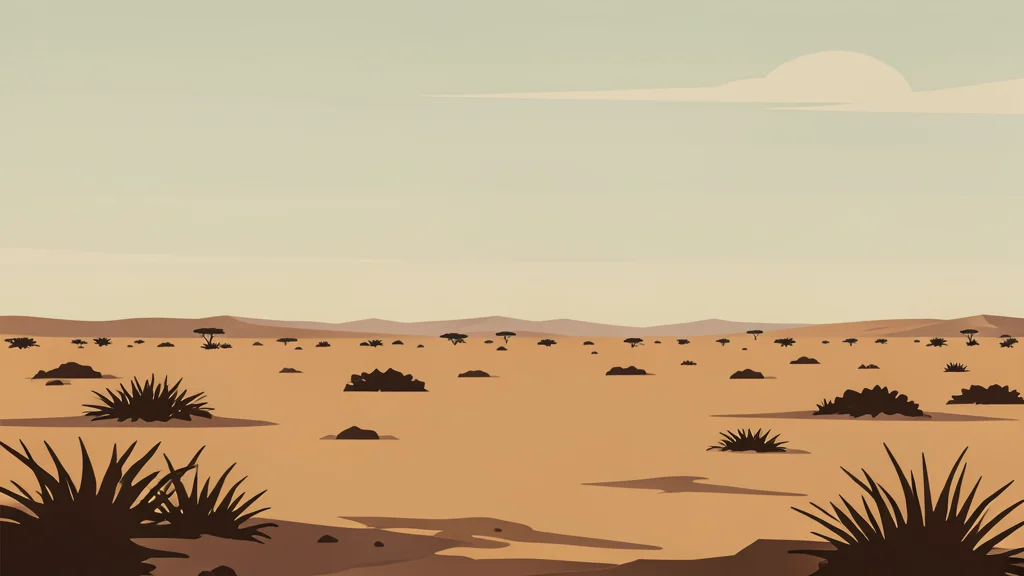 A rugged, dusty landscape in the Sahel region with sparse vegetation and a distant horizon under a hazy sky