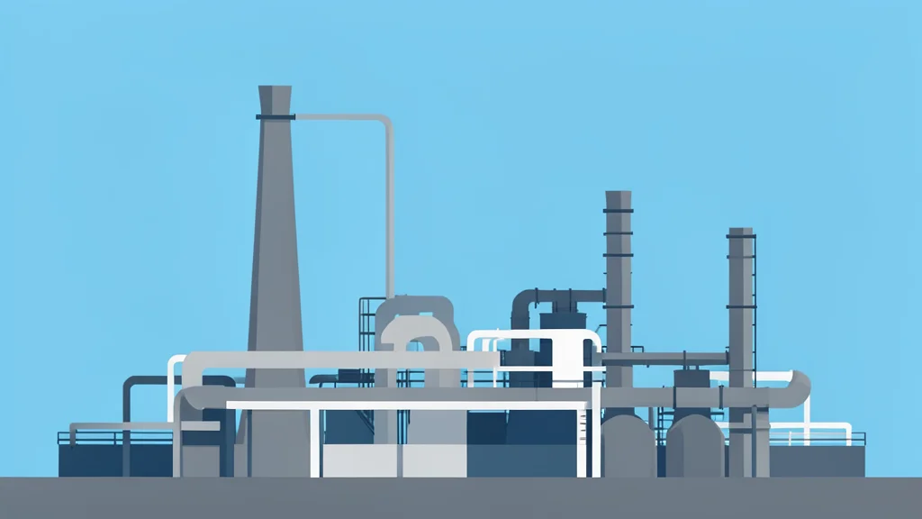 A large industrial refinery with tall smokestacks and complex piping structures standing against a clear sky