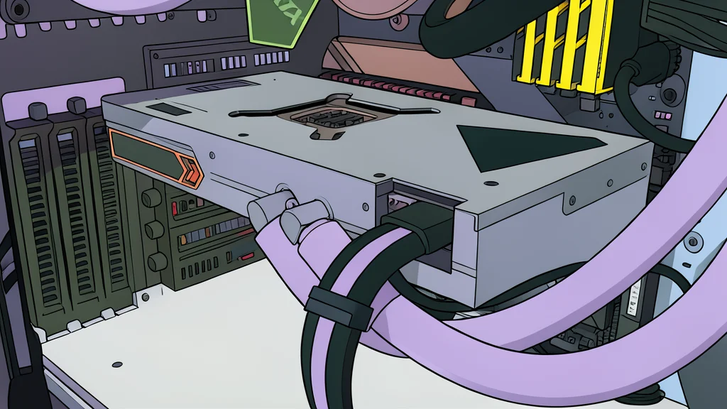A flat vector illustration of a computer graphics card with a large metal heatsink and multiple fans mounted inside a PC case.