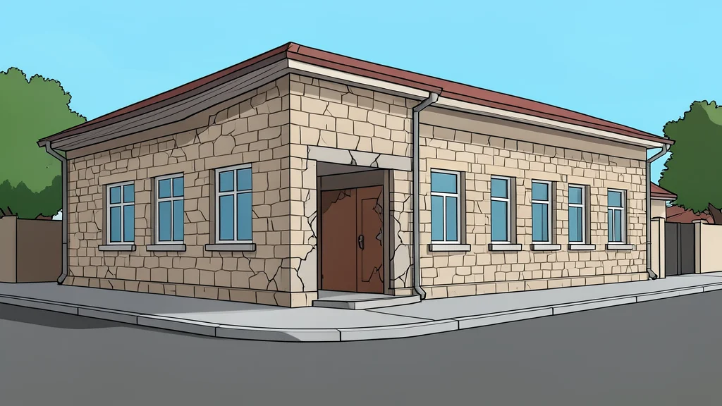 A stone police station building with a damaged entrance and a quiet street in the foreground