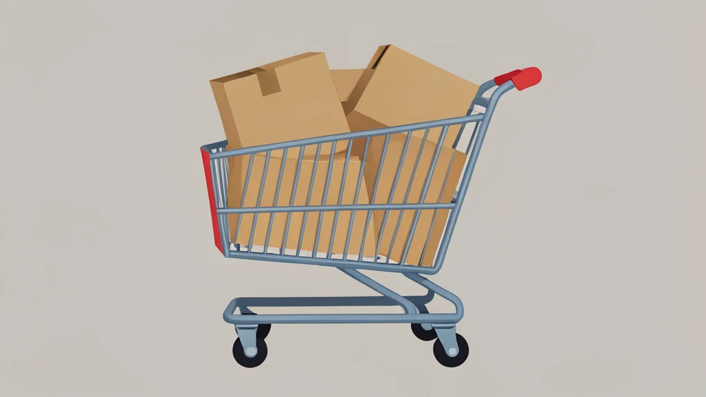 A shopping cart filled with generic merchandise boxes