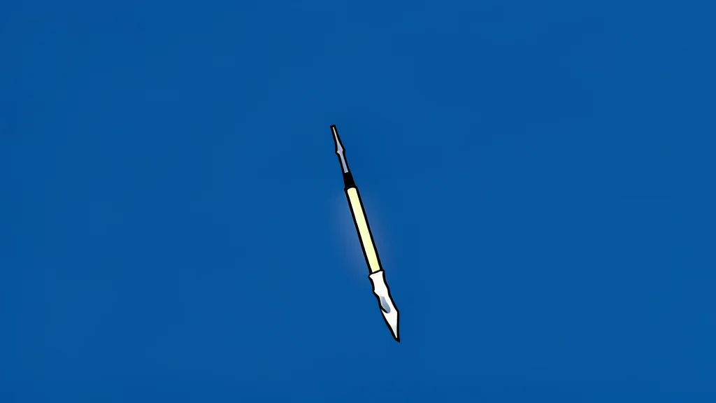 A white rocket standing vertically on a concrete launch pad against a twilight sky