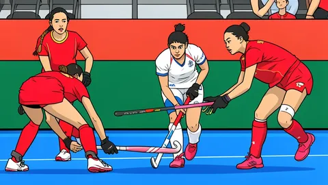 A hockey stick resting on a green turf field