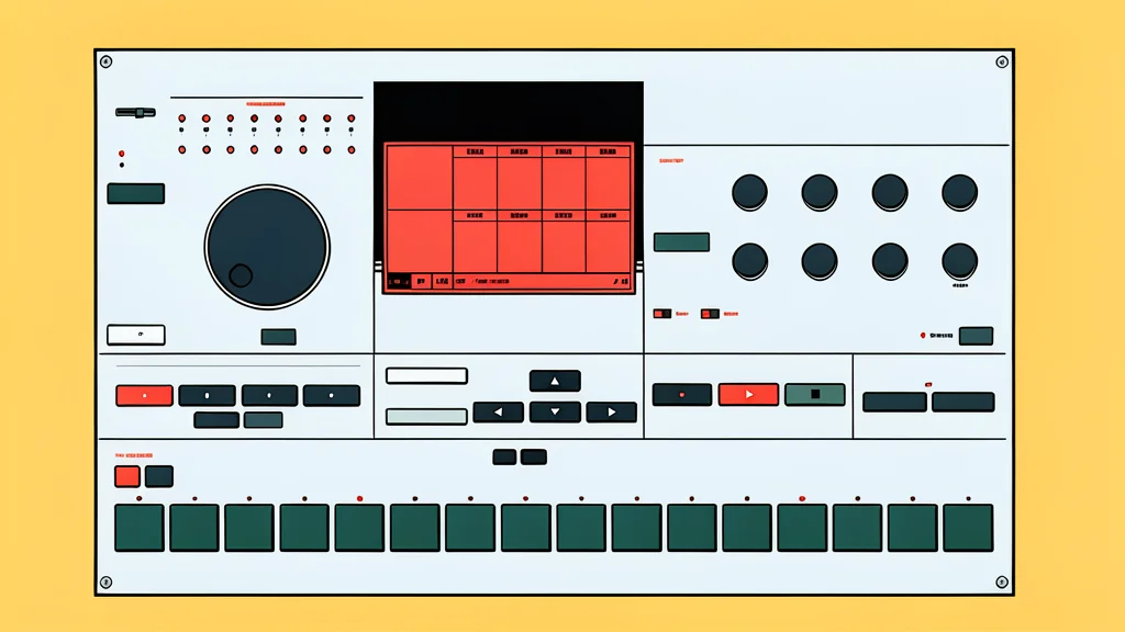 A vintage electronic drum machine with a grid of buttons and knobs sitting on a wooden desk