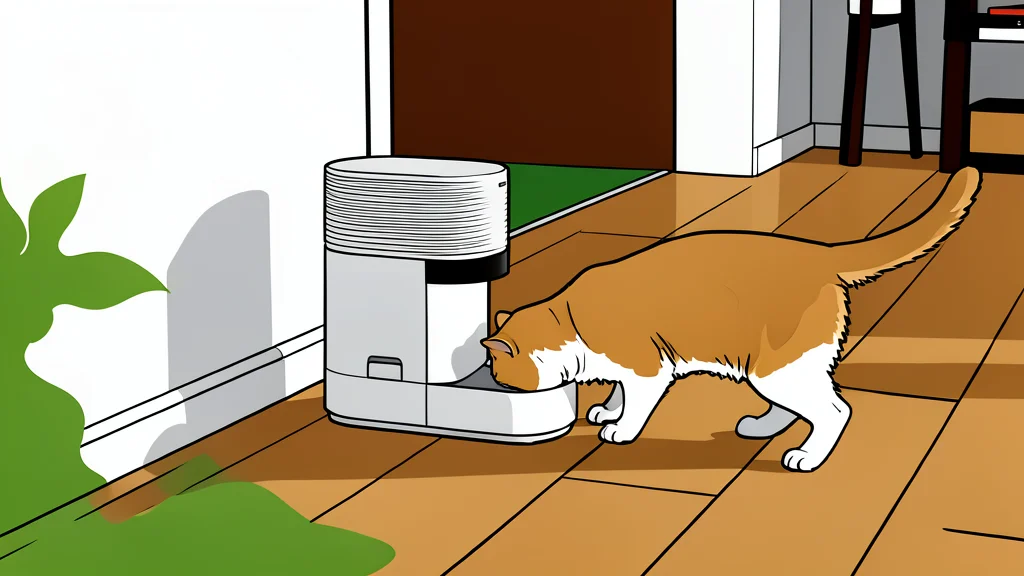 A sleek, cylindrical automatic pet feeder with a transparent food reservoir and a small camera lens on top, sitting on a wooden floor next to a ceramic bowl.