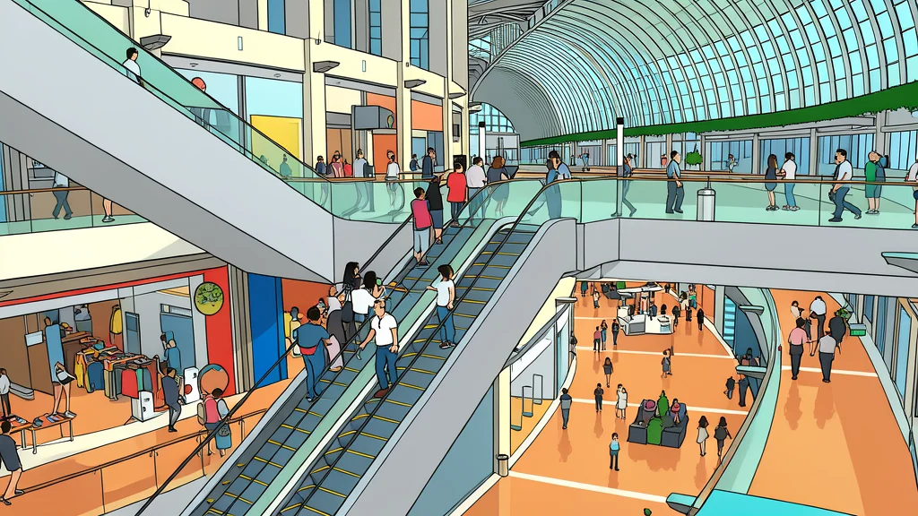 A modern shopping center exterior with large glass storefronts and a paved parking lot