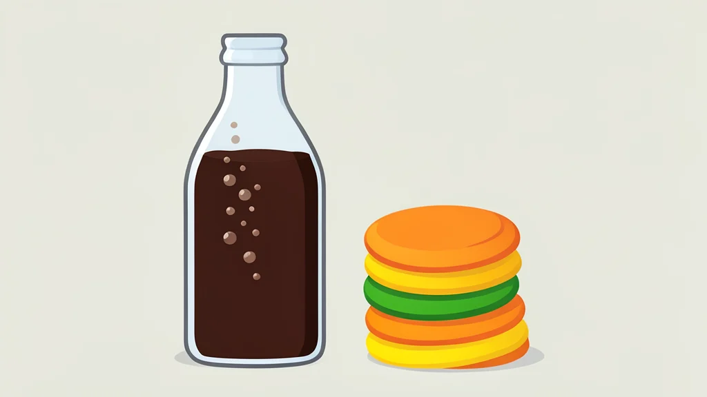 A glass bottle filled with dark carbonated liquid and a stack of colorful snack chips