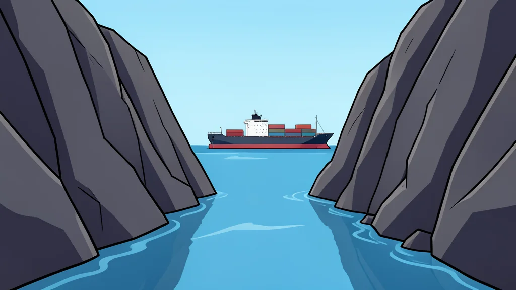 A narrow waterway between rocky cliffs with a large cargo ship anchored in the distance