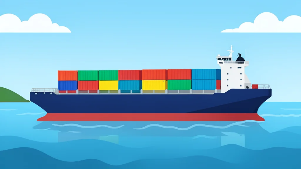 A large cargo ship loaded with shipping containers moving through a calm harbor