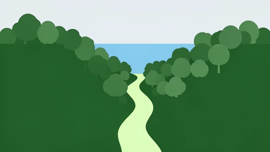 A narrow strip of forested land connecting two larger landmasses, flanked by dense woods and a distant coastline