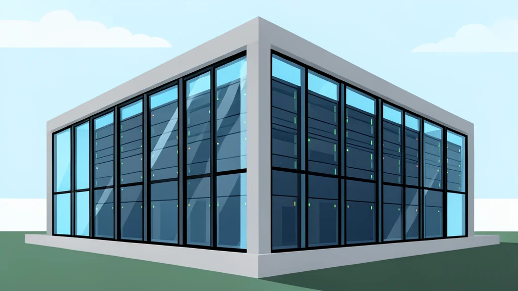 A large, modern data center building with rows of server racks visible through glass windows