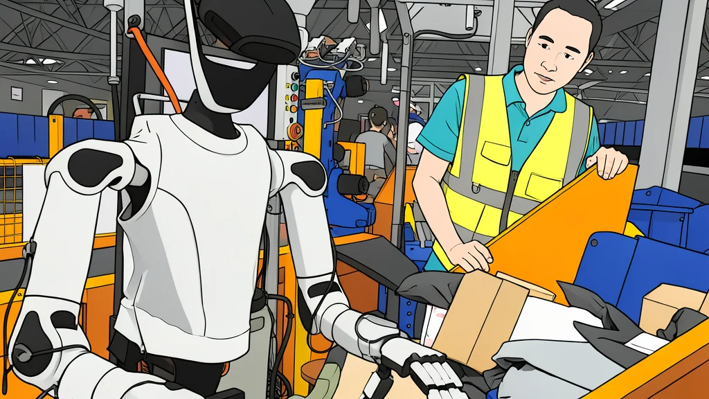 A humanoid robot standing on a factory assembly line next to a stack of cardboard boxes